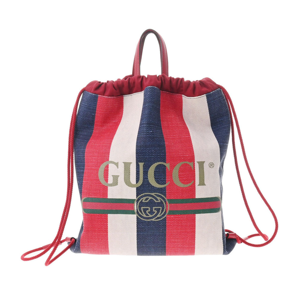 GUCCI Drawstring Backpack Tricolor Red White Blue Canvas Leather Daypack